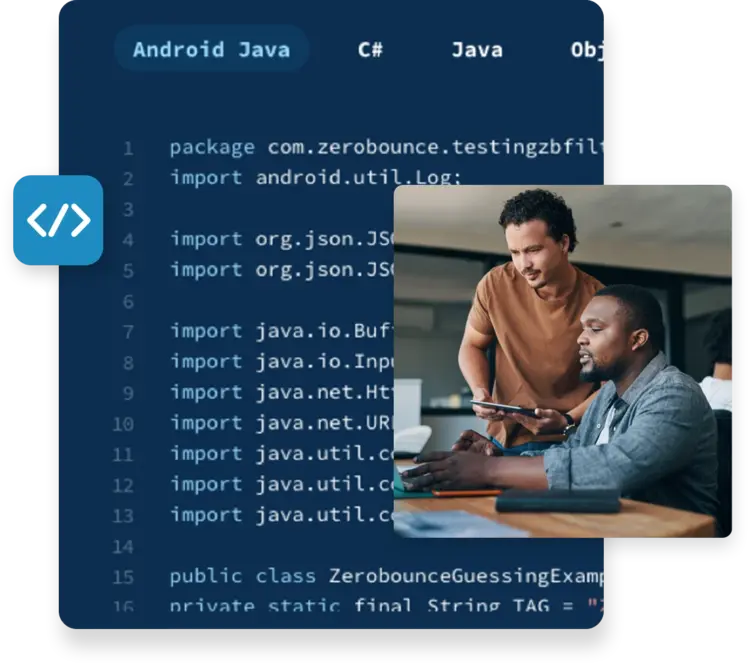 Two business partners automating ZeroBounce email service APIs alongside a ZeroBounce API code sample