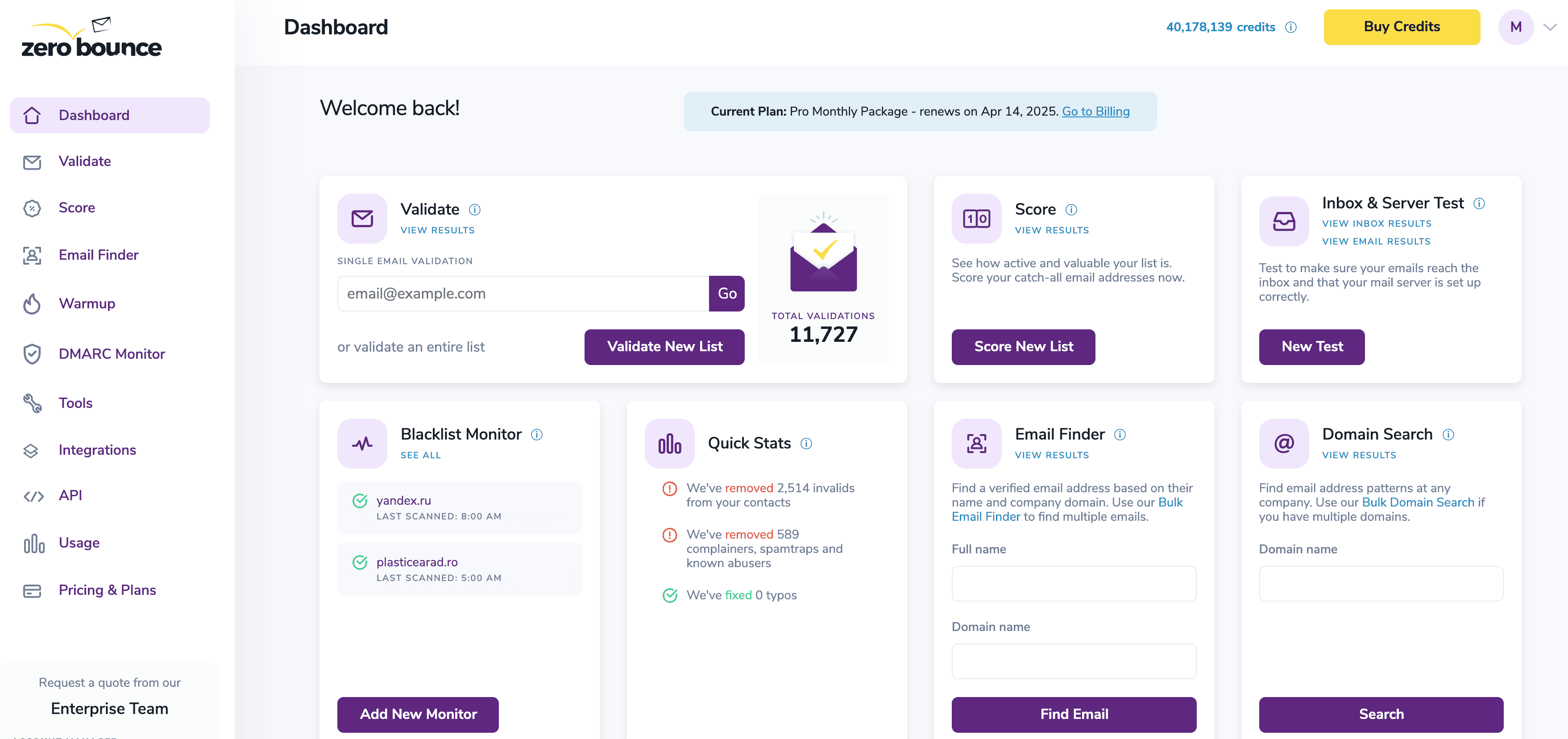 Panel de control de ZeroBounce