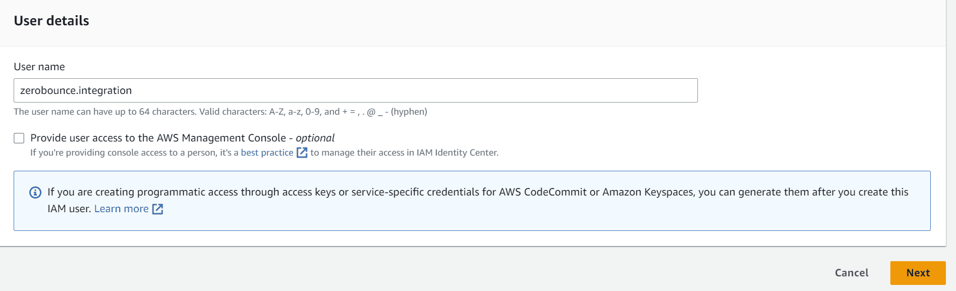 Elija un nombre de usuario (por ejemplo, zerobounce.integration) y presione Next