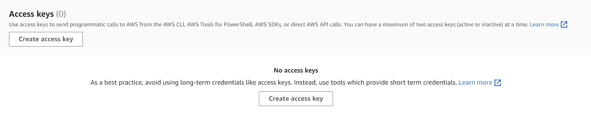 4. En Access keys (Claves de acceso), seleccione Create access key (Crear clave de acceso)
