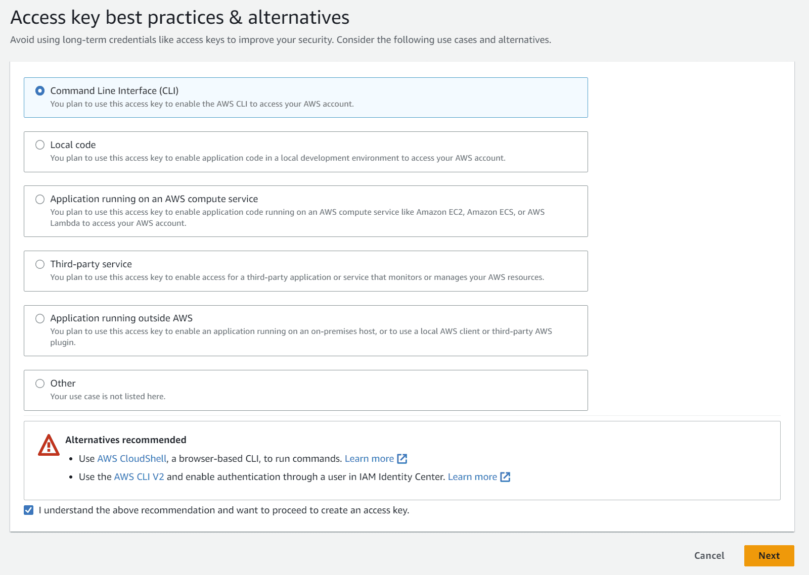 5. En la página siguiente, seleccione Command Line Interface (CLI) (Interfaz de la línea de comandos), marque la casilla I understand the above recommendation and want to proceed to create an access key. (Entiendo la recomendación anterior y deseo proceder a crear una clave de acceso.) y presione Next (Siguiente)