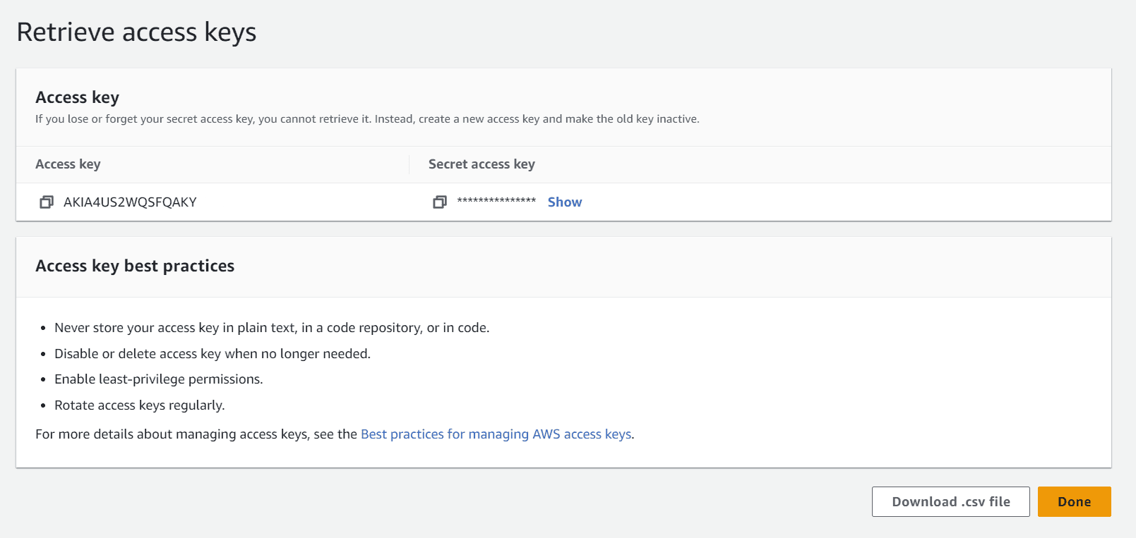 8. Opcionalmente, puede descargar las claves presionando el botón Download .csv file (Descargar archivo .csv); solo recuerde que la clave secreta ya no se podrá obtener después de cerrar esta ventana.