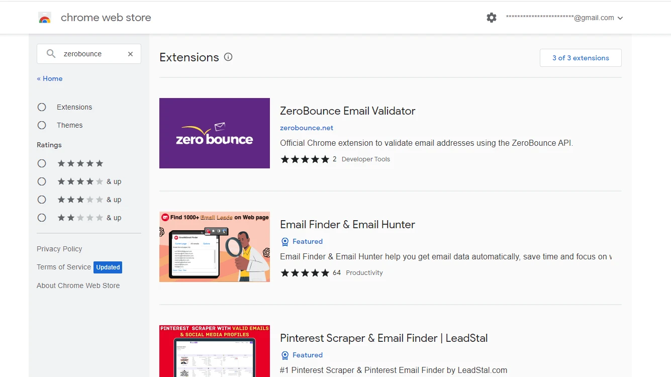 La extensión validadora de correo electrónico de ZeroBounce en Chrome Web Store