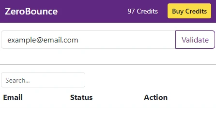 El menú de validación de correo electrónico del validador de correo electrónico de ZeroBounce