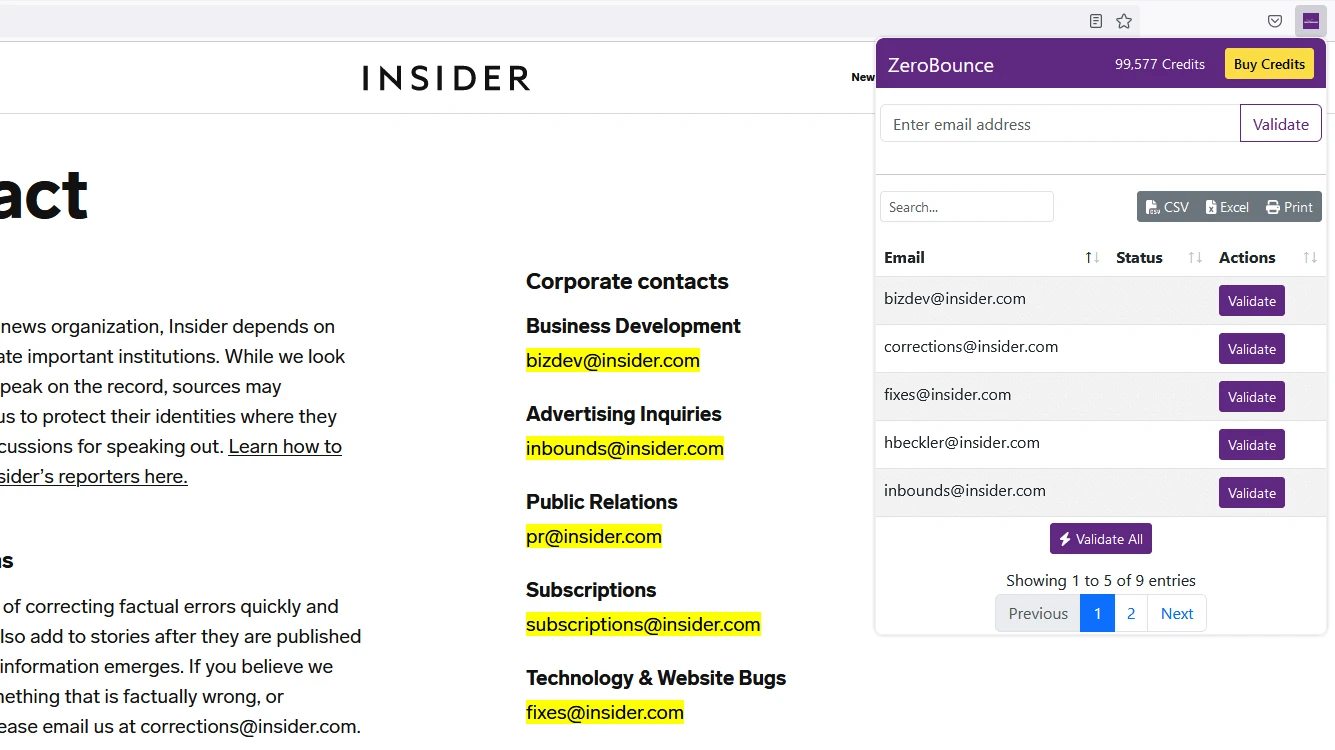 Resultados de extracción de la extensión validadora de correo electrónico de ZeroBounce