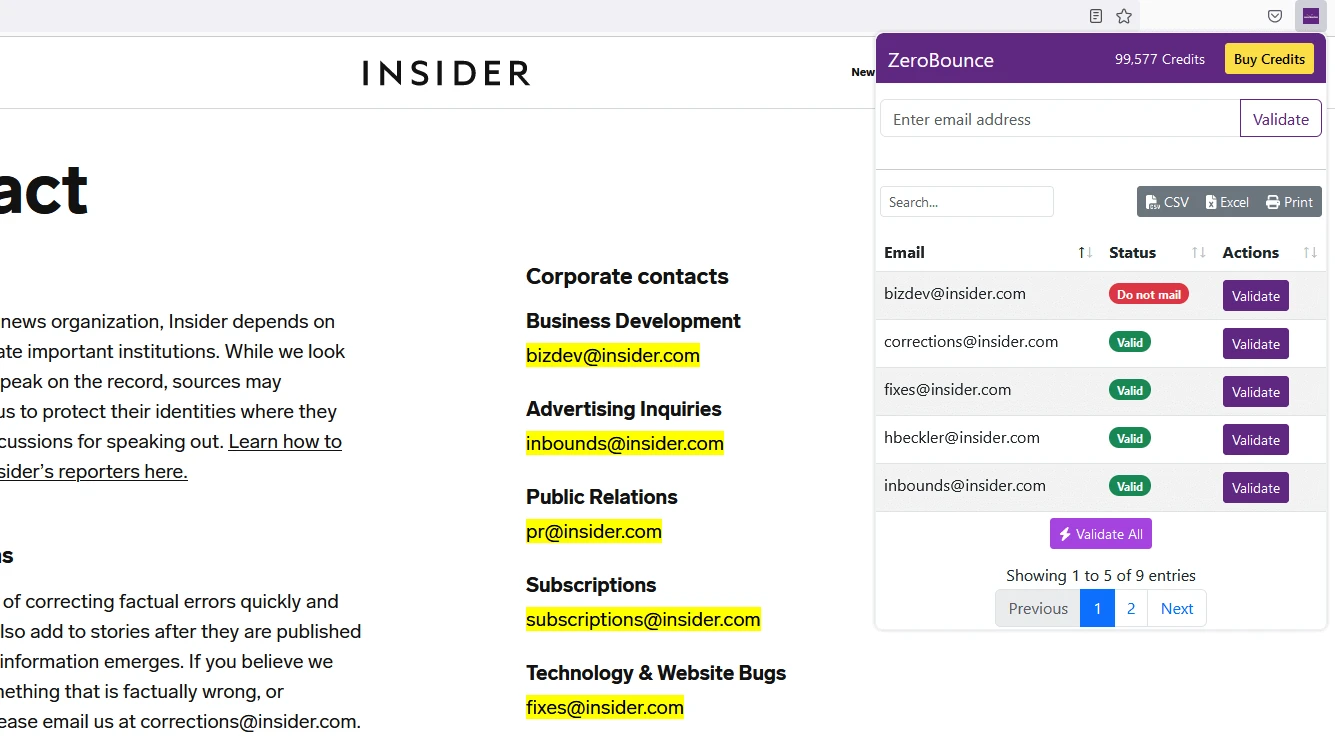 Resultados de la validación de correo electrónico masiva para correos electrónicos extraídos usando la extensión de ZeroBounce