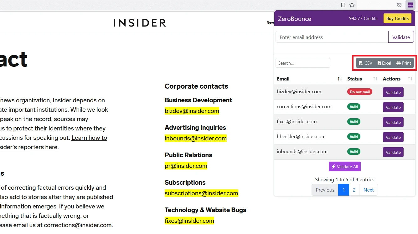 Menú para exportar los resultados de la validación de correo electrónico masiva en el validador de correo electrónico de ZeroBounce