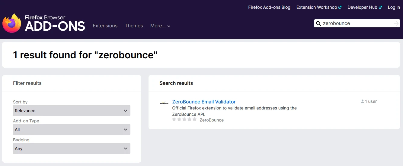La extensión validadora de correo electrónico de ZeroBounce en la página de resultados de complementos del navegador Firefox