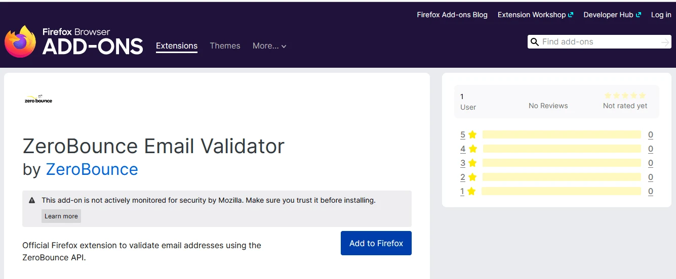 La página oficial del complemento validador de correo electrónico de ZeroBounce para Firefox