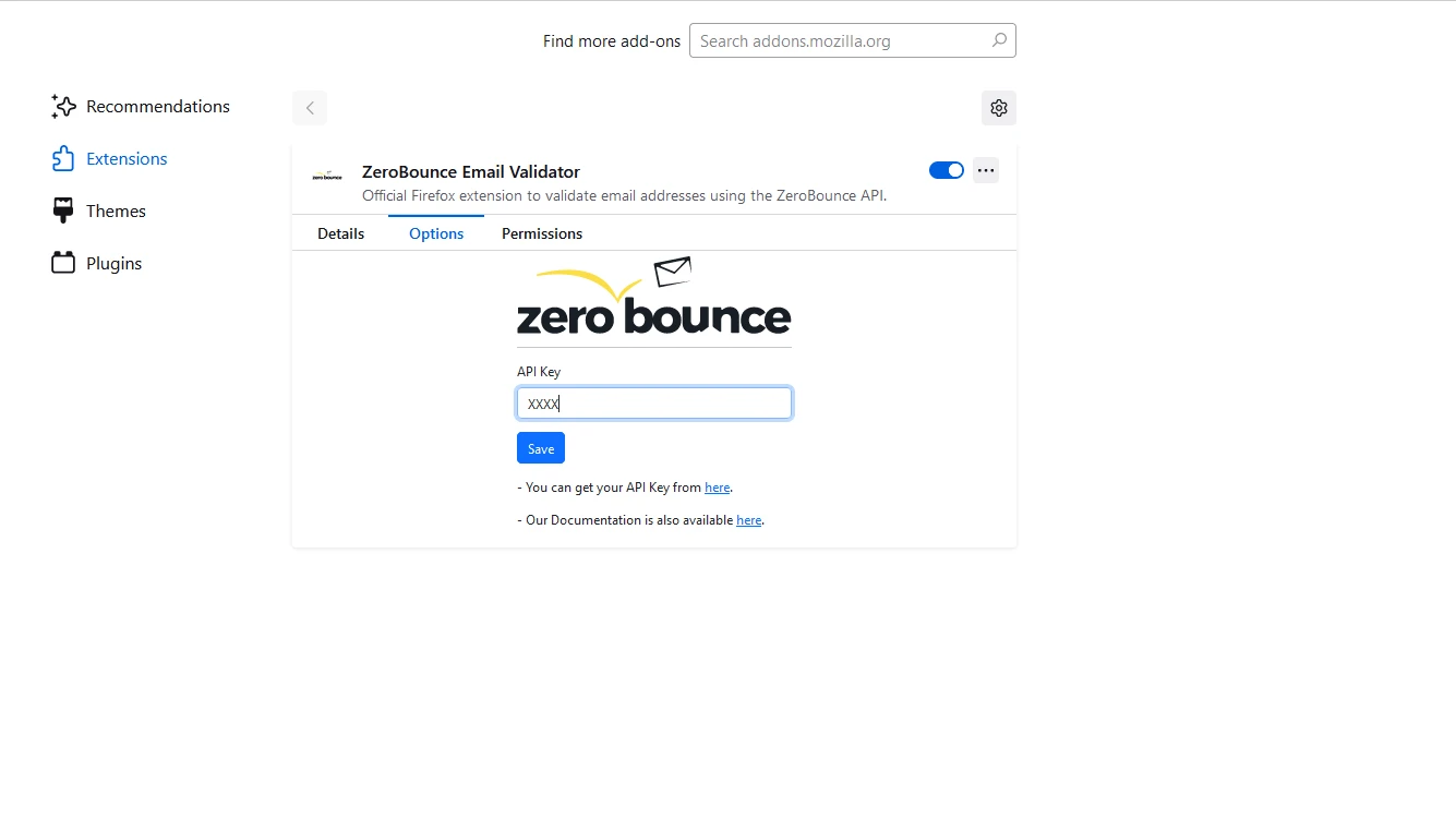 La página de configuración de clave de API del validador de correo electrónico de ZeroBounce para Firefox