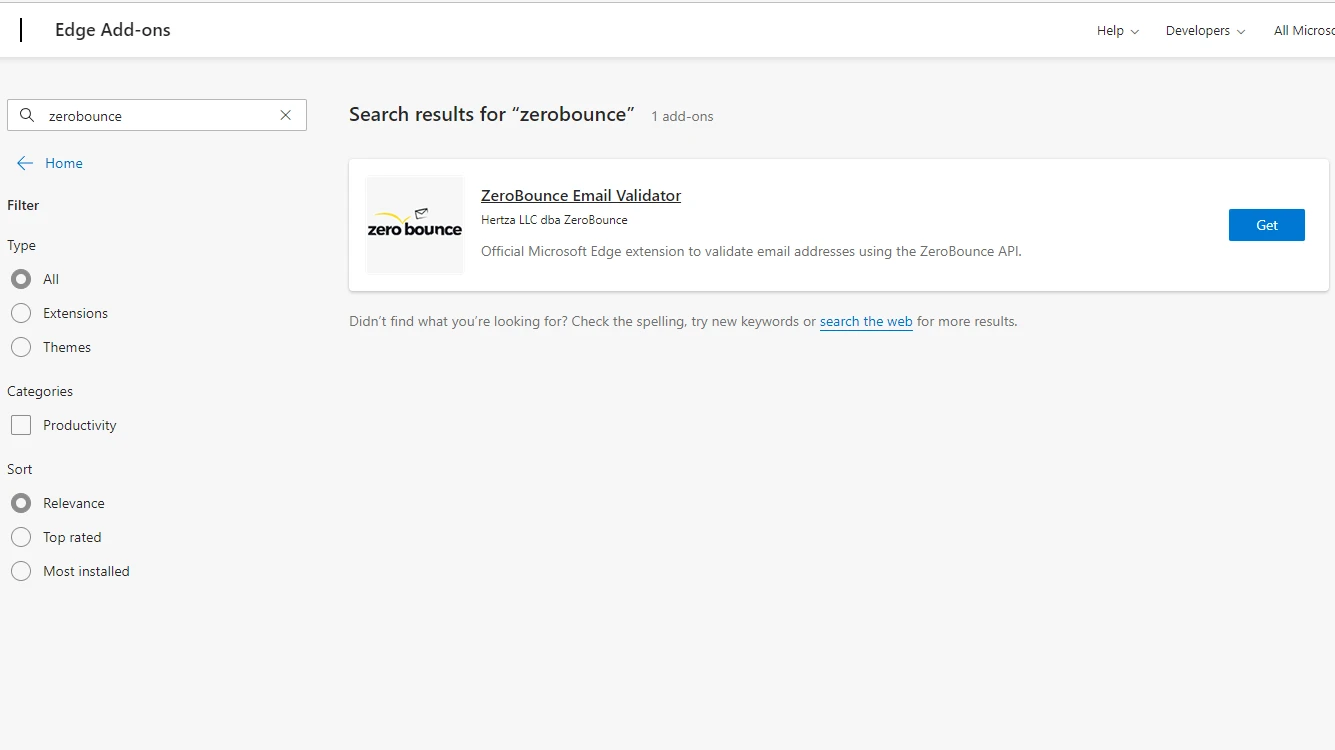 La extensión validadora de correo electrónico de ZeroBounce en la tienda de extensiones de Microsoft Edge