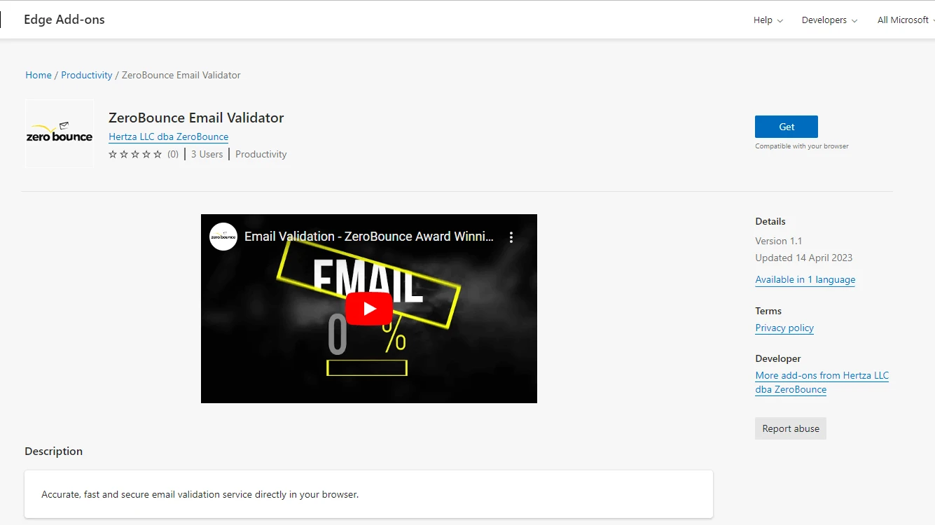 La página oficial del complemento validador de correo electrónico de ZeroBounce para Microsoft Edge