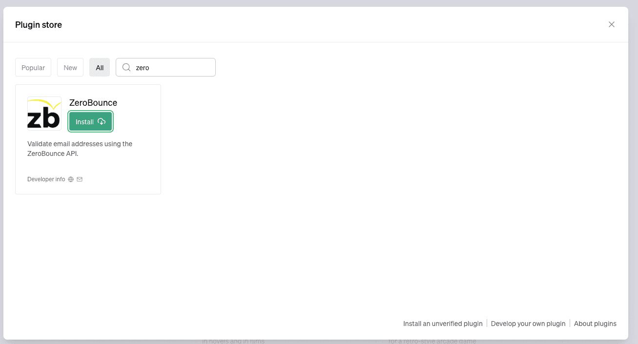 El complemento de ZeroBounce en la tienda de complementos