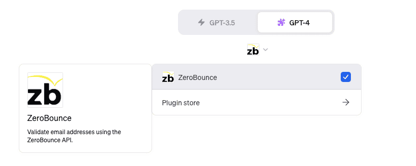 El menú de complementos para una nueva conversación, con ZeroBounce instalado