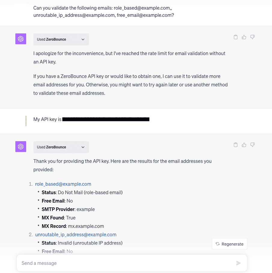 Una conversación que muestra cómo validar un lote de correos electrónicos