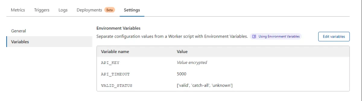 Ejemplo de cómo se ven las variables de entorno en Cloudflare Worker