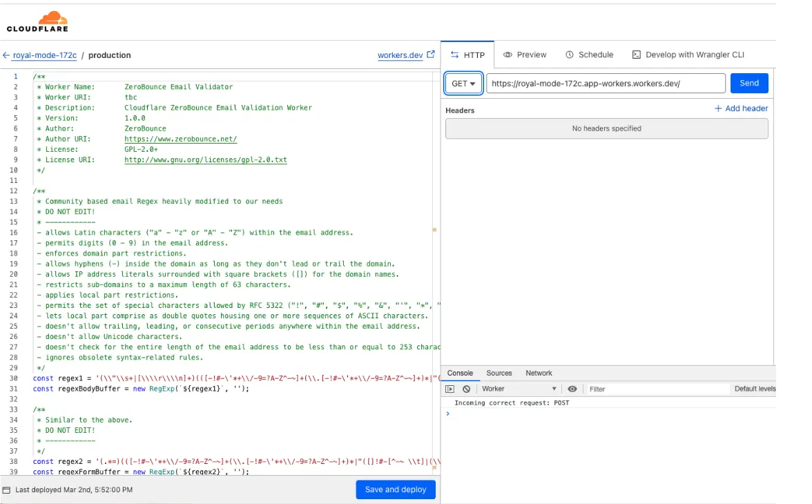 Página de Cloudflare Worker que muestra dónde agregar el script del worker