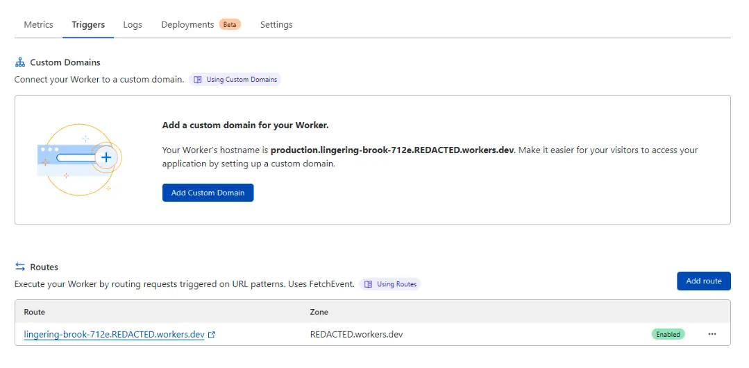 Menú de Cloudflare Worker que muestra dónde agregar desencadenadores y rutas para la integración de ZeroBounce