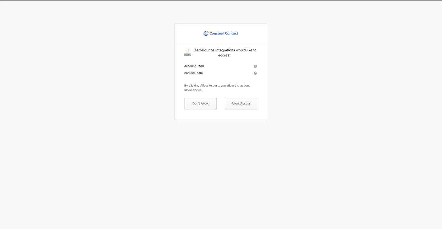Pantalla de permiso de acceso de Constant Contact