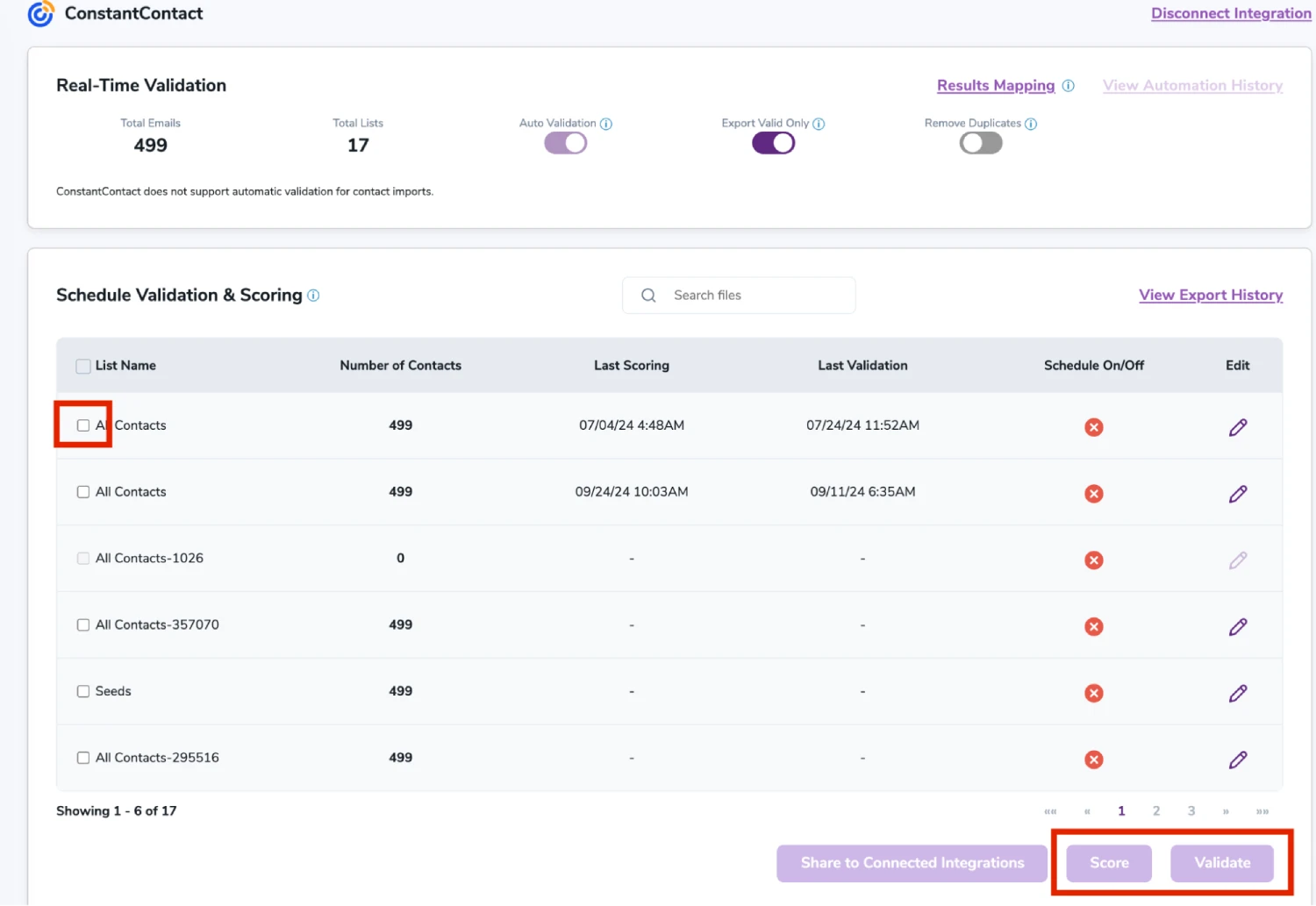 Tras la correcta integración, podrá ver sus listas en su panel de ZeroBounce.
