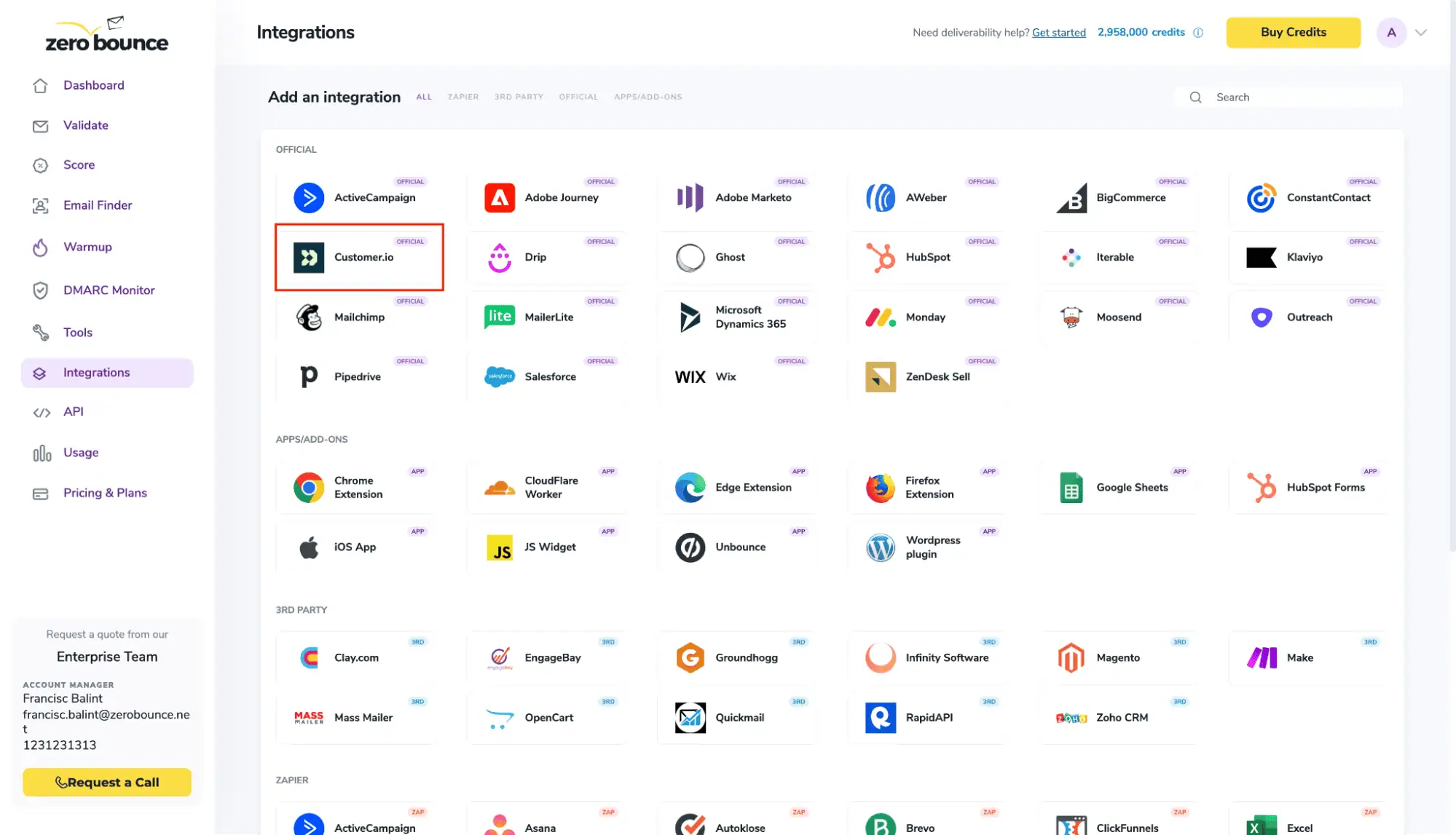 Panel de integraciones de ZeroBounce
