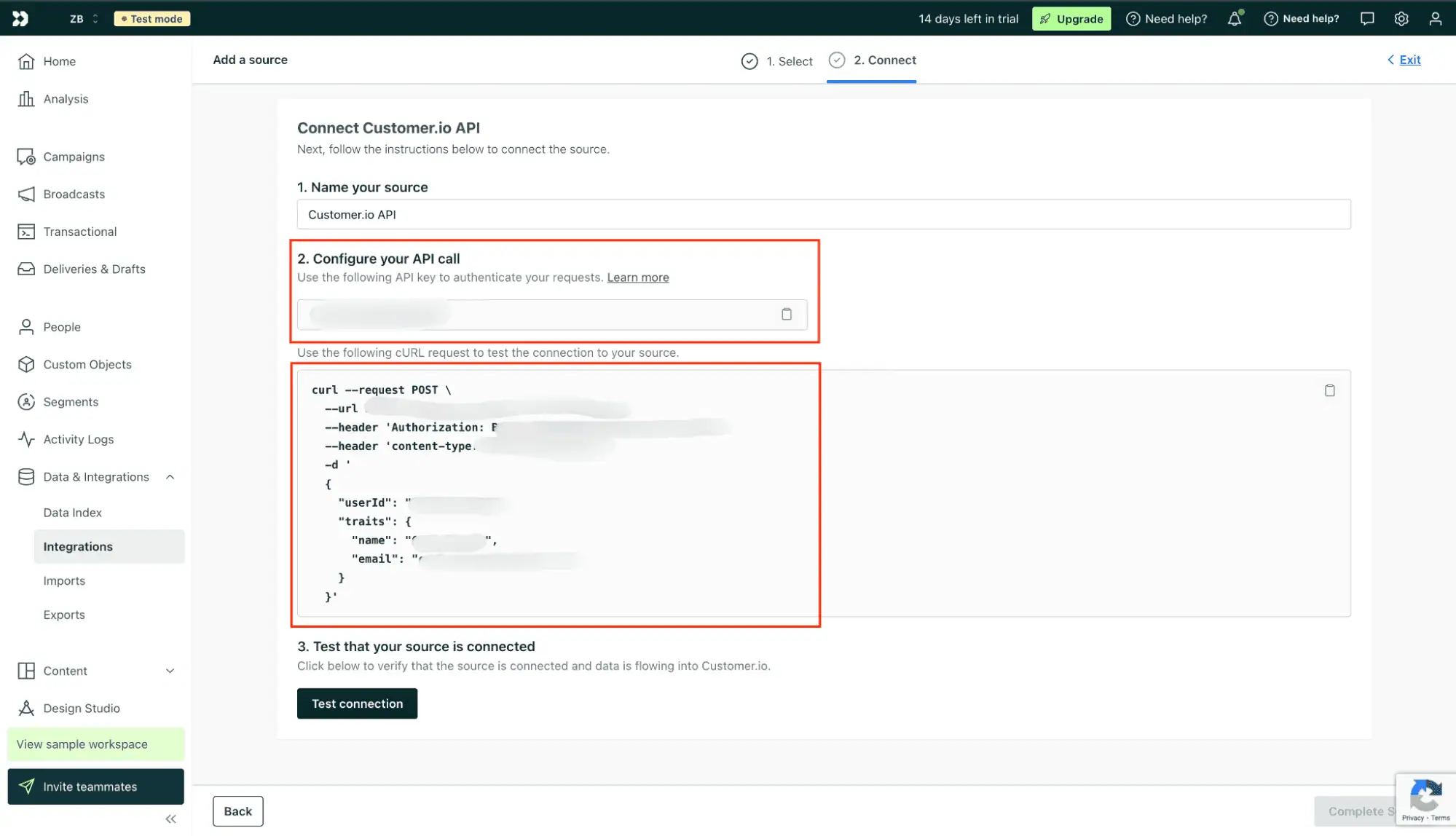 Sección Connect Customer.io API