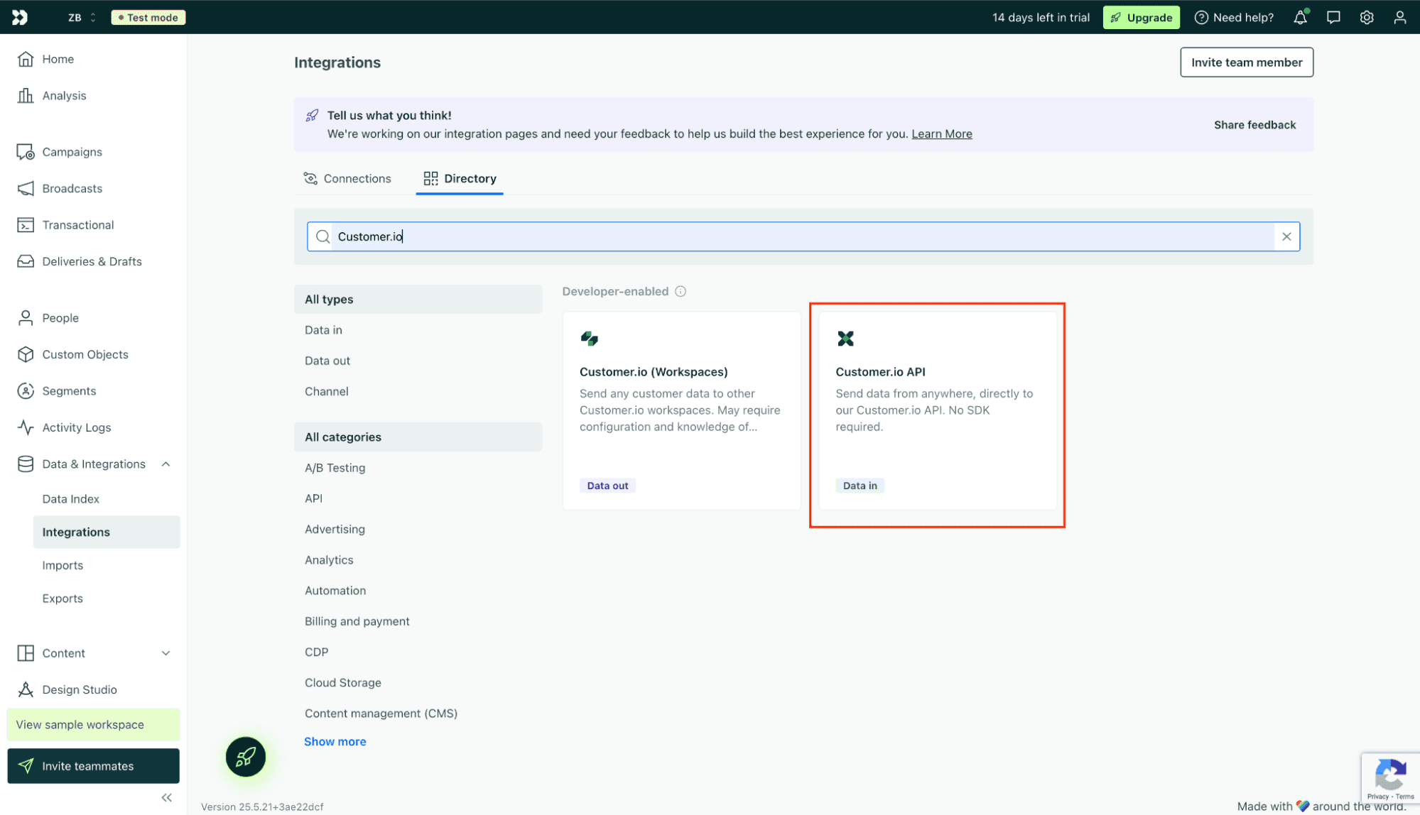Sección Integrations