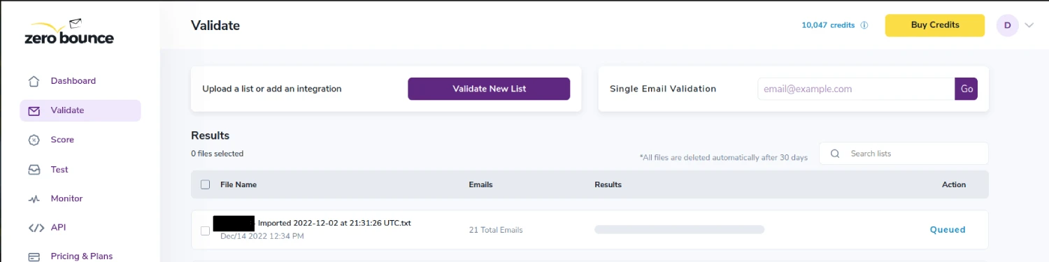 Página de resultados de validación de correo electrónico
