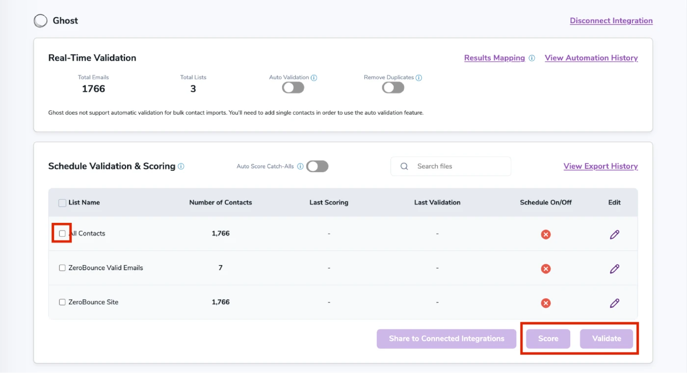 Tras la correcta integración, podrá ver sus listas en su panel de ZeroBounce.