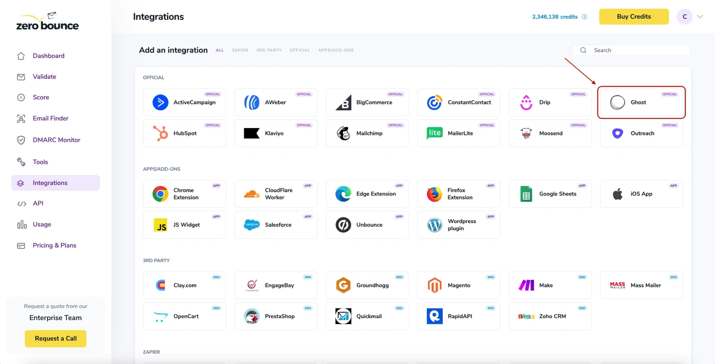 Una ventana emergente te saluda después de seleccionar la integración de Ghost.