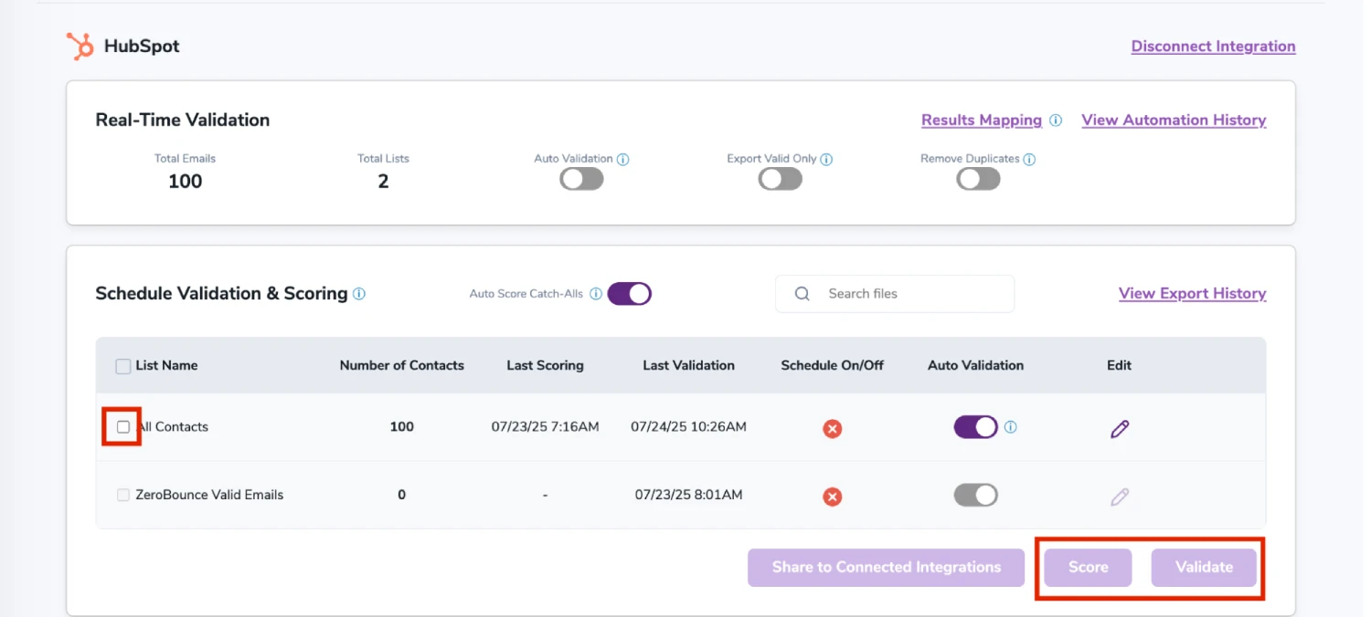 Tras la correcta integración, podrá ver sus listas en su panel de ZeroBounce.