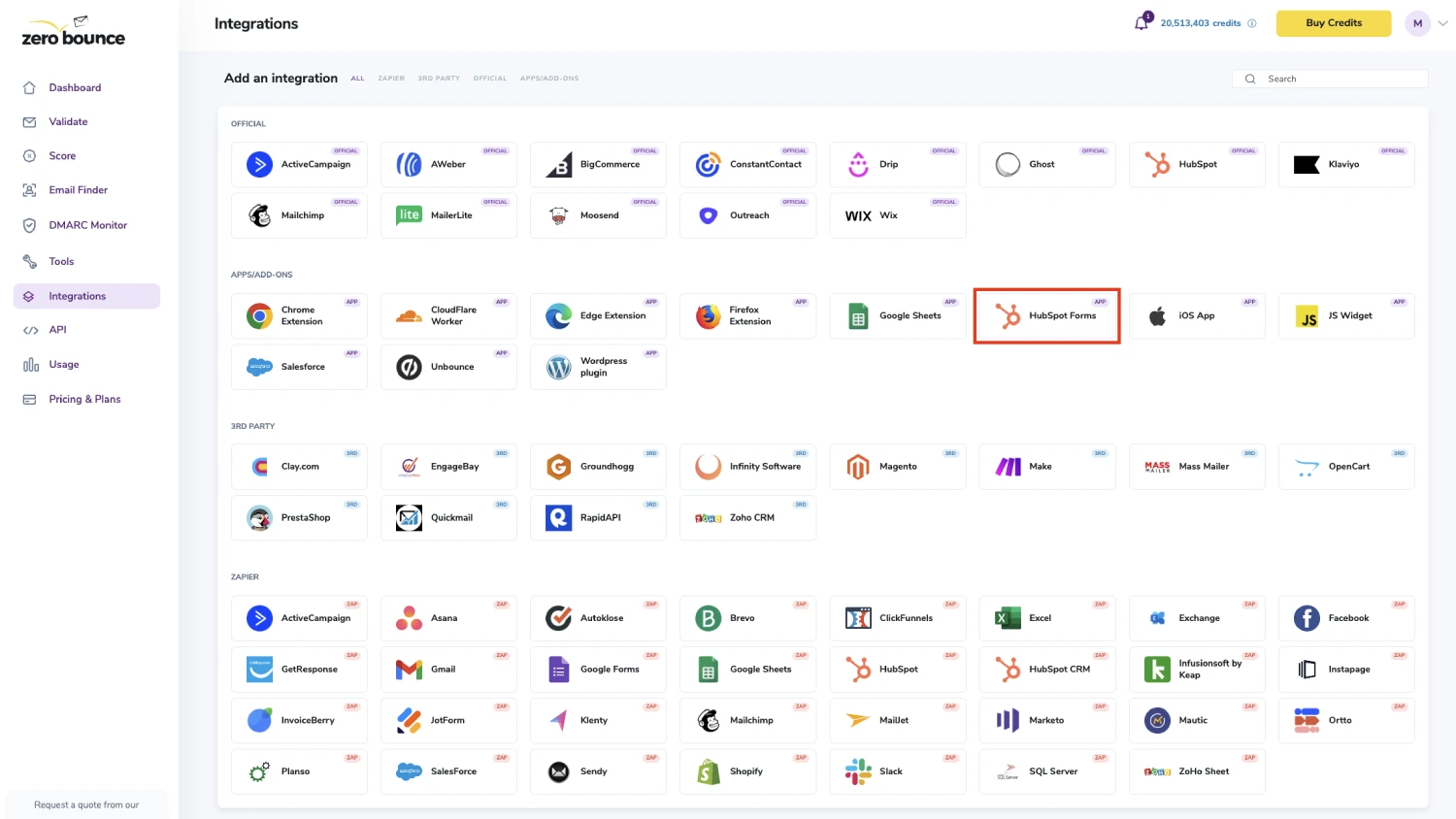 La lista de integraciones de ZeroBounce se encuentra en el panel del área de miembros.