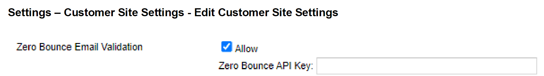 Campo de la clave de API de ,[object Object], ZeroBounce dentro de los ajustes del sitio para clientes Infinity