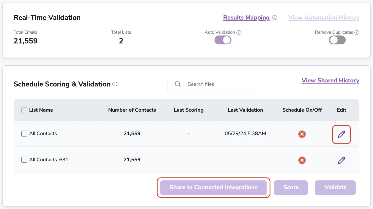 NOTA: La auto-validación se aplica solo a las direcciones de correo electrónico agregadas a la cuenta de HubSpot después de que la función esté habilitada. Los correos electrónicos existentes no se auto-validarán, incluso si se agregan a nuevas listas.