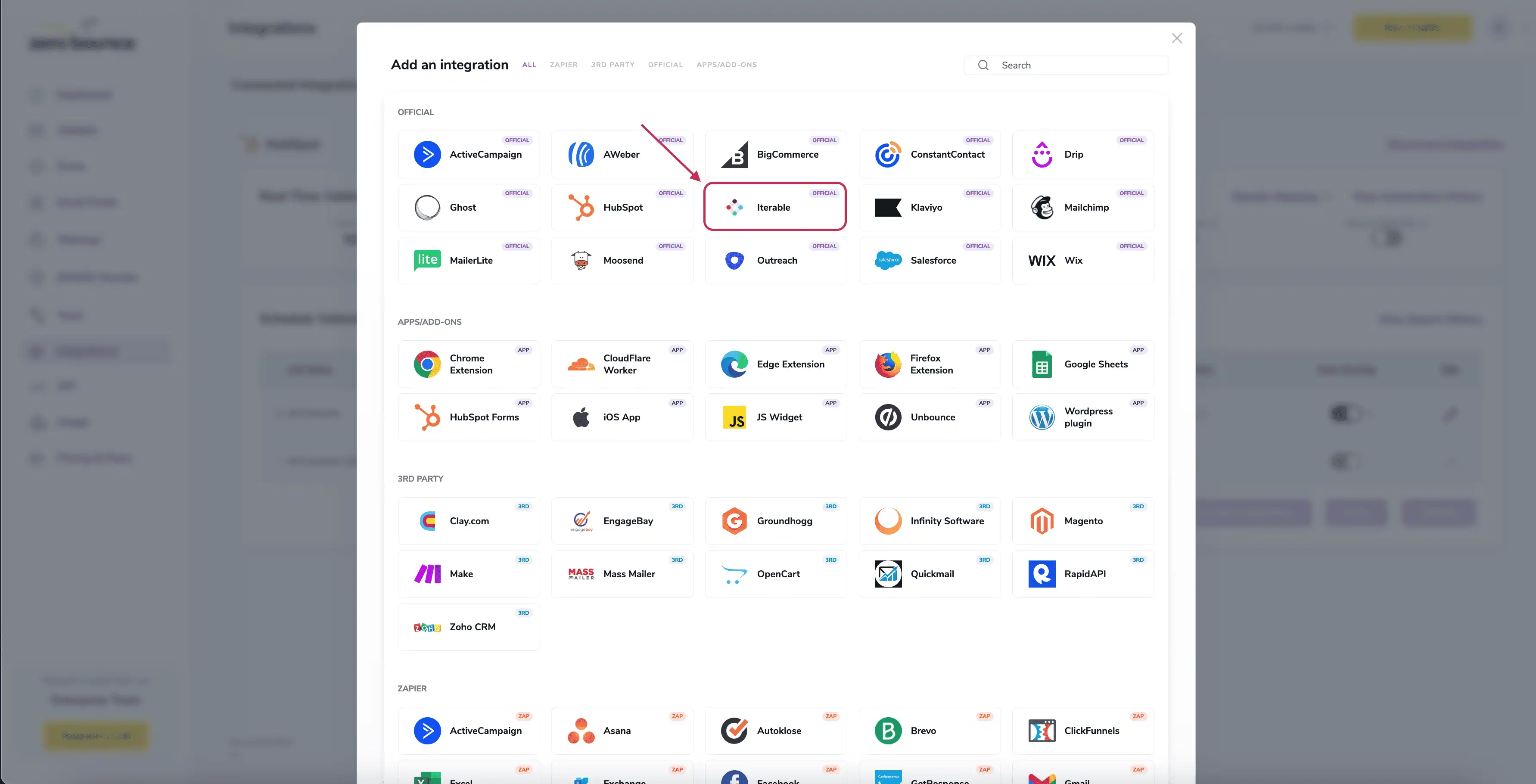 Un popup te da la bienvenida después de seleccionar la integración con Iterable.