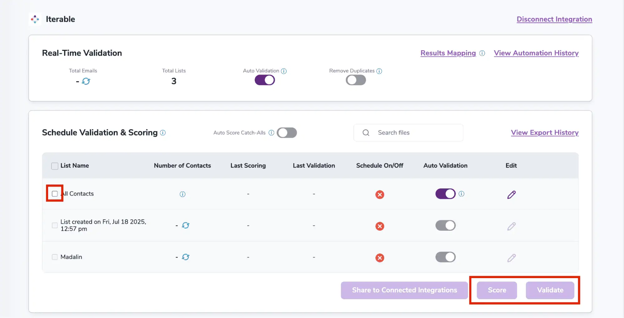 Después de una integración exitosa, podrás visualizar tus listas en tu panel de control de ZeroBounce.