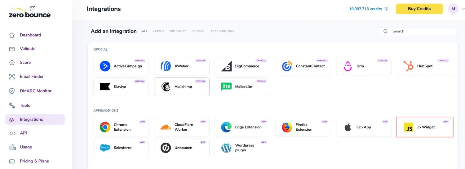 El menú de Integraciones de ZeroBounce con ‘Widget de JS’ resaltado bajo Aplicaciones y Complementos.