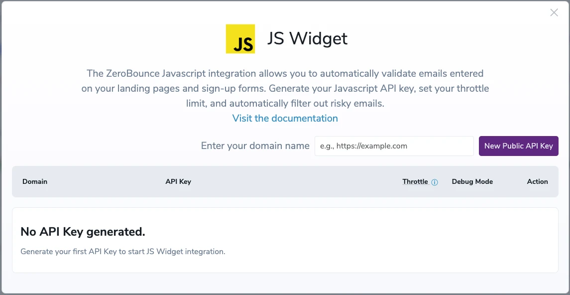El menú de integración del Widget de JS de ZeroBounce sin clave de API. Puedes ingresar un dominio en el campo en blanco y hacer clic en ‘Nueva Clave de API Pública’.