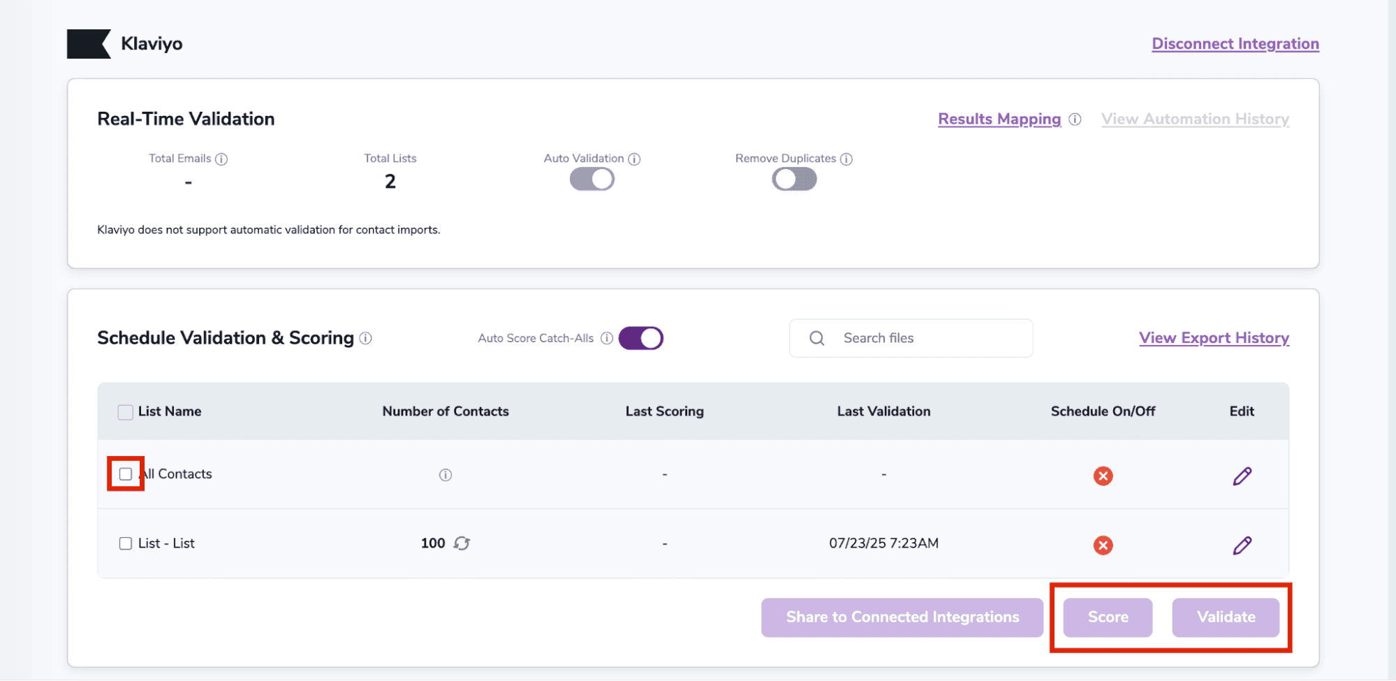 La integración de Klaviyo de un usuario de ZeroBounce, que muestra todas las listas de contactos de Klaviyo importadas disponibles para Puntuación y Validación.