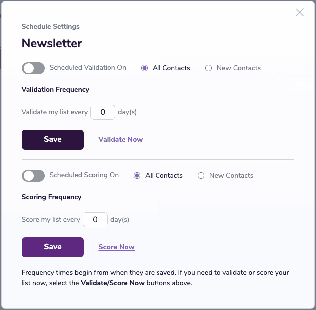 Configuración de programación de ZeroBounce para una lista de contactos de Klaviyo llamada ‘Boletín’, donde puede programar la validación y puntuación de correos electrónicos.