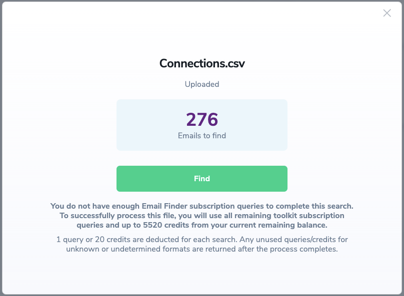 Ventana de carga del archivo de Bulk Email Finder, donde muestra el número de direcciones de correo electrónico a encontrar.