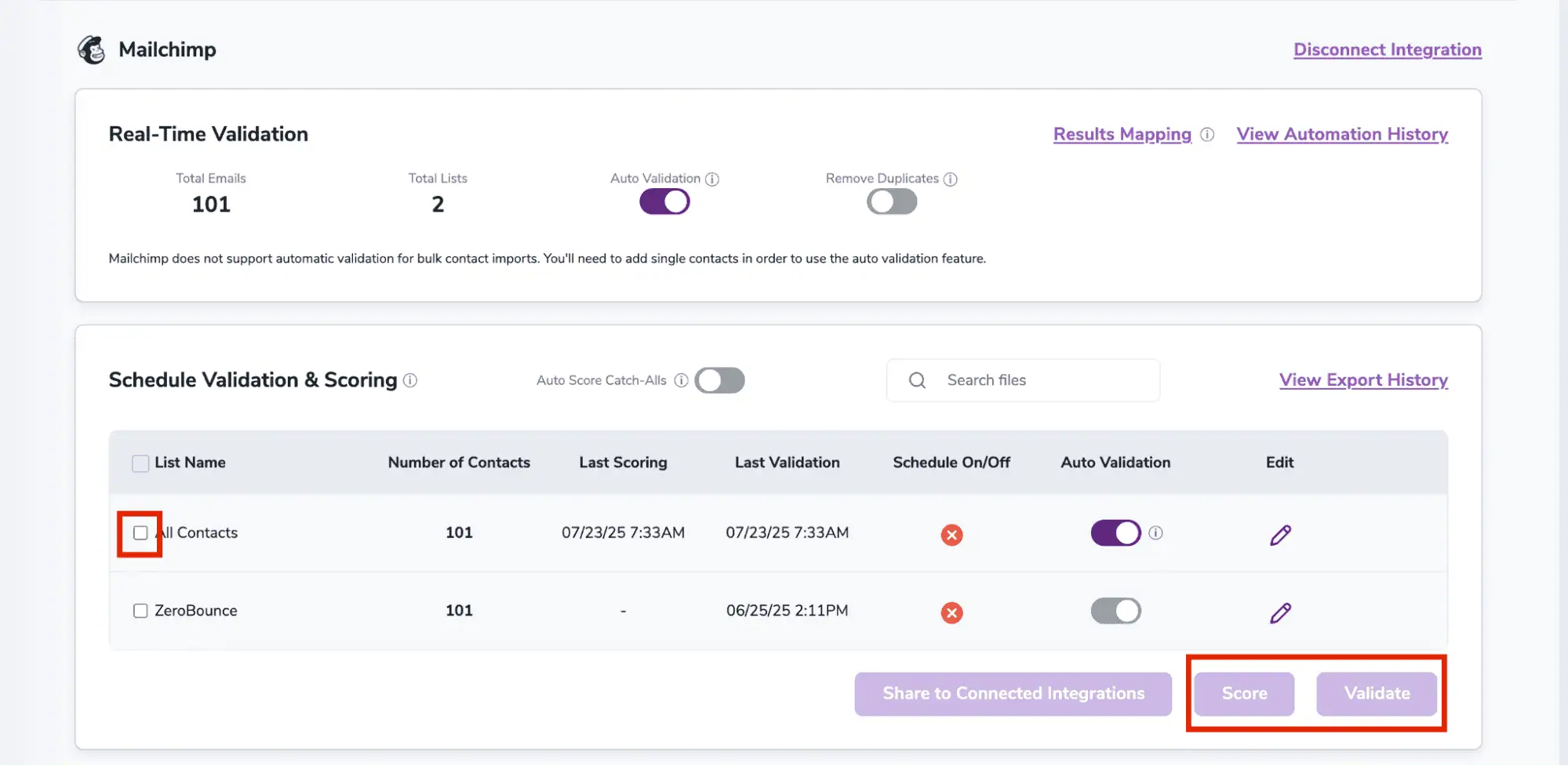 Después de una integración exitosa, podrás ver tus listas en tu panel de control de ZeroBounce.