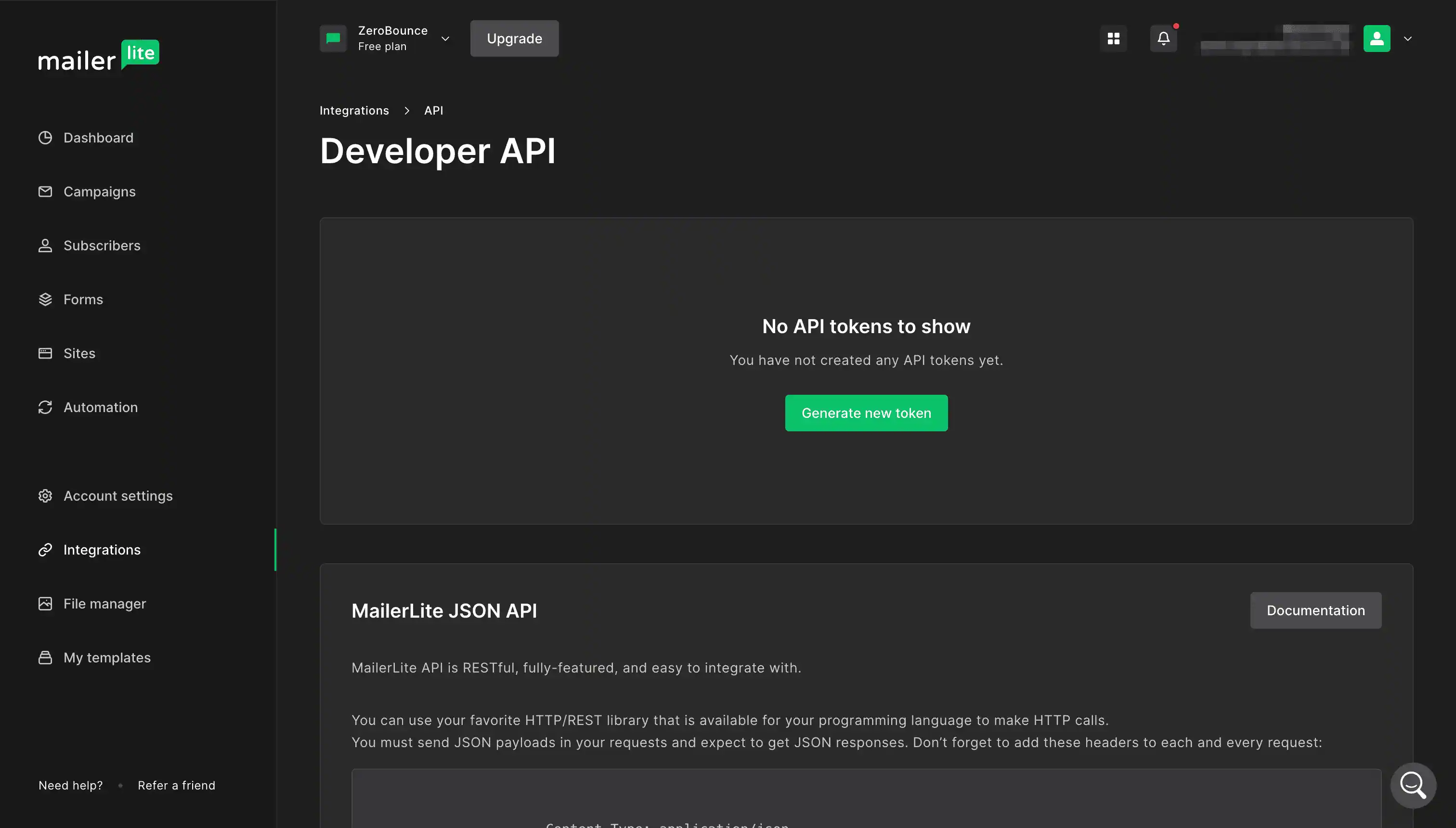 Página de API de integraciones de MailerLite