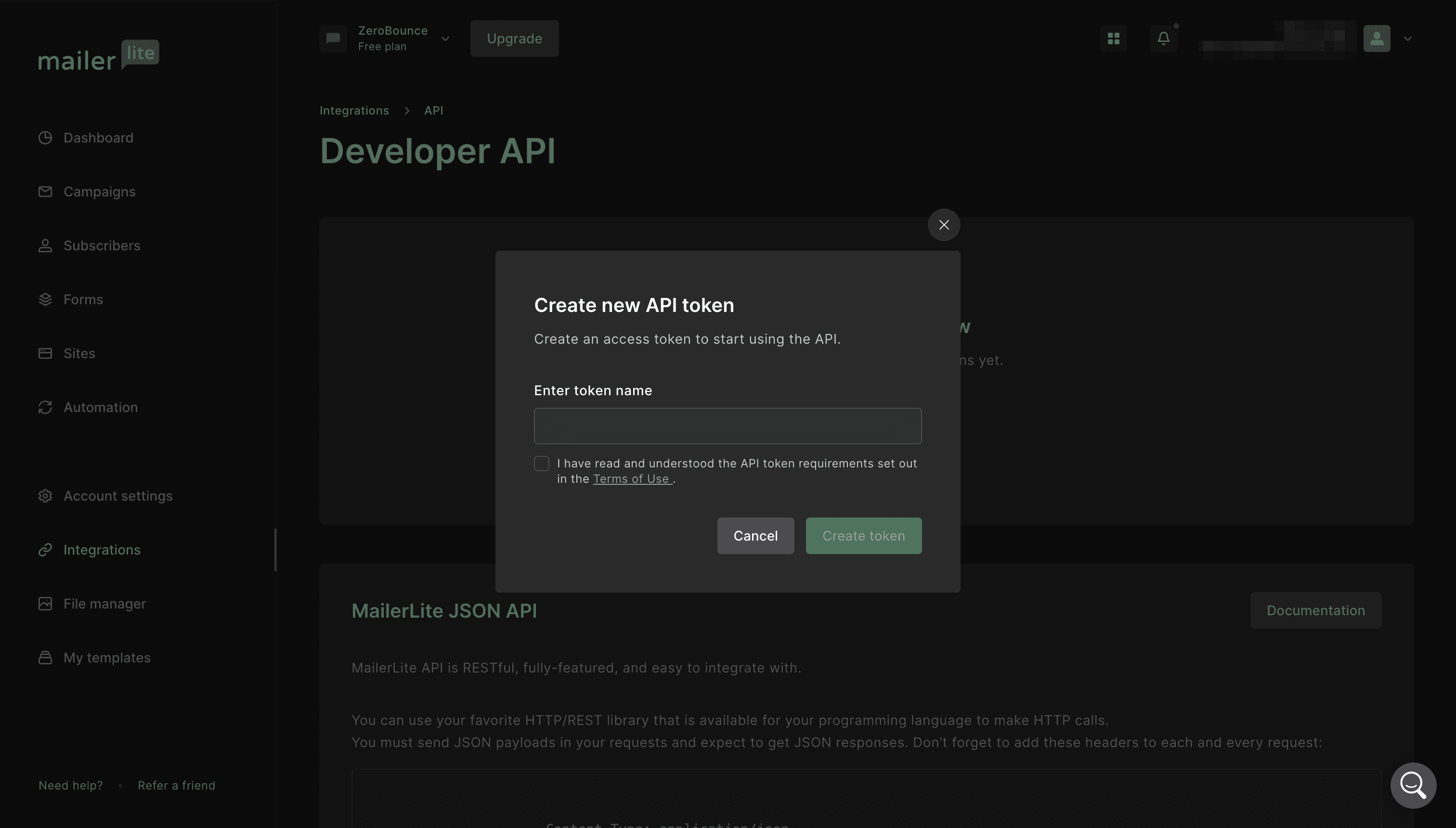Ventana emergente modal de Token de API de MailerLite