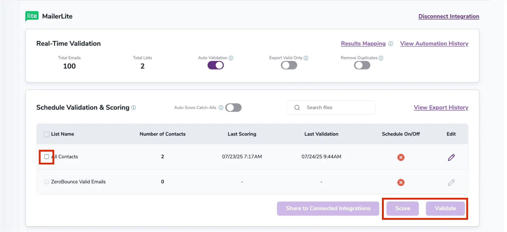Después de una integración exitosa, podrá ver sus listas en su Tablero de ZeroBounce.