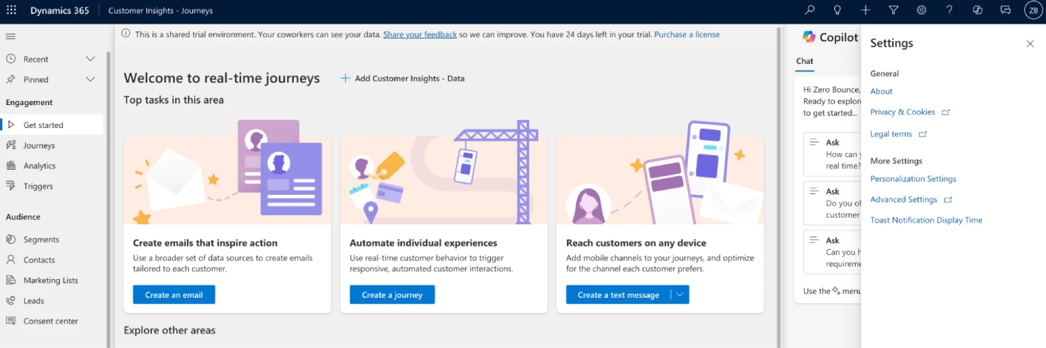 El panel de Microsoft Dynamics 365 con el menú Configuración seleccionado.