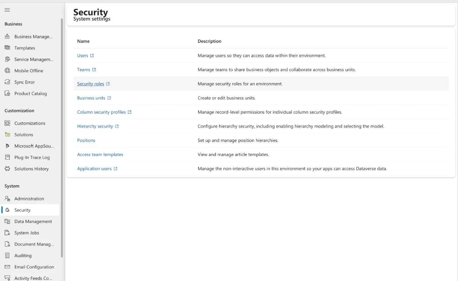 La configuración del sistema de seguridad dentro del menú de Microsoft Dynamics 365.