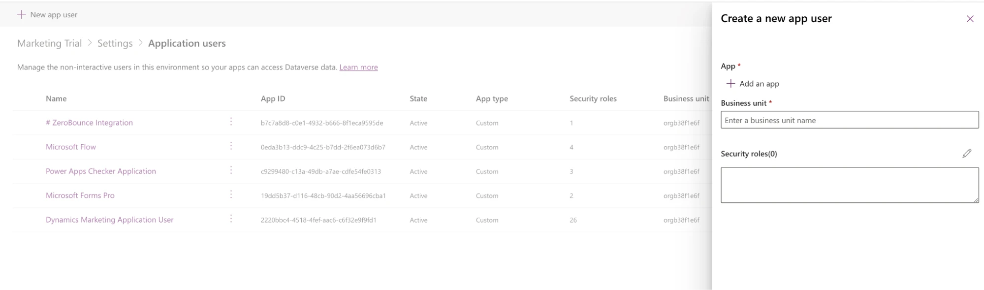 Menú emergente Crear un nuevo usuario de la aplicación de Microsoft Dynamic 365.