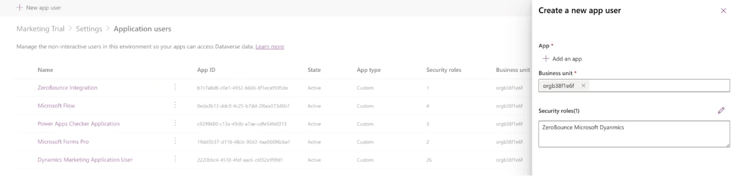 Menú de usuario Crear una nueva aplicación de Microsoft Dynamics 365 con el valor "ZeroBounce Microsoft Dynamics" introducido como rol de seguridad.