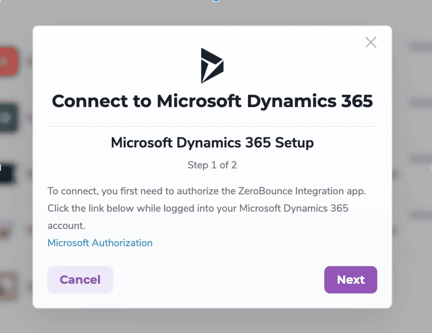 Una ventana emergente de integraciones de ZeroBounce del ‘paso 1’.